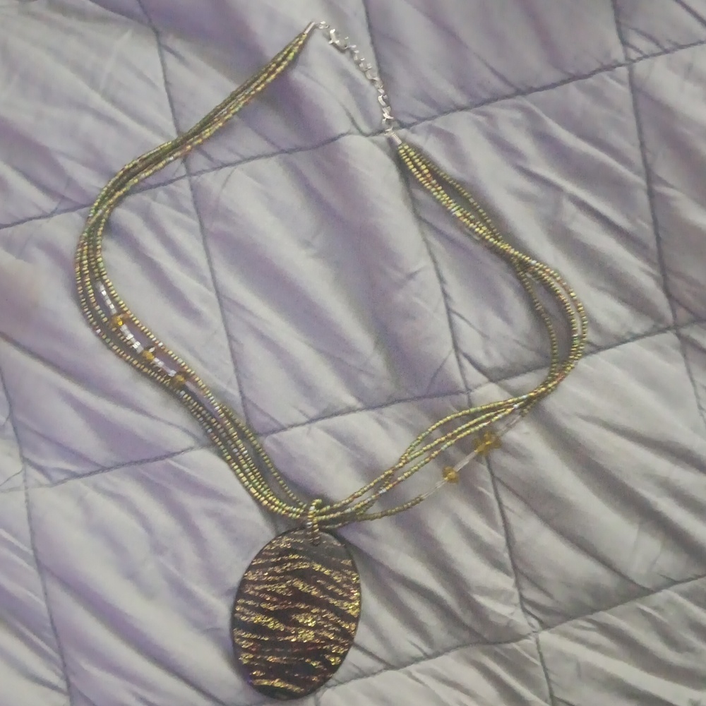 Quadruple Strand Necklace with Large Oval Pendant Green